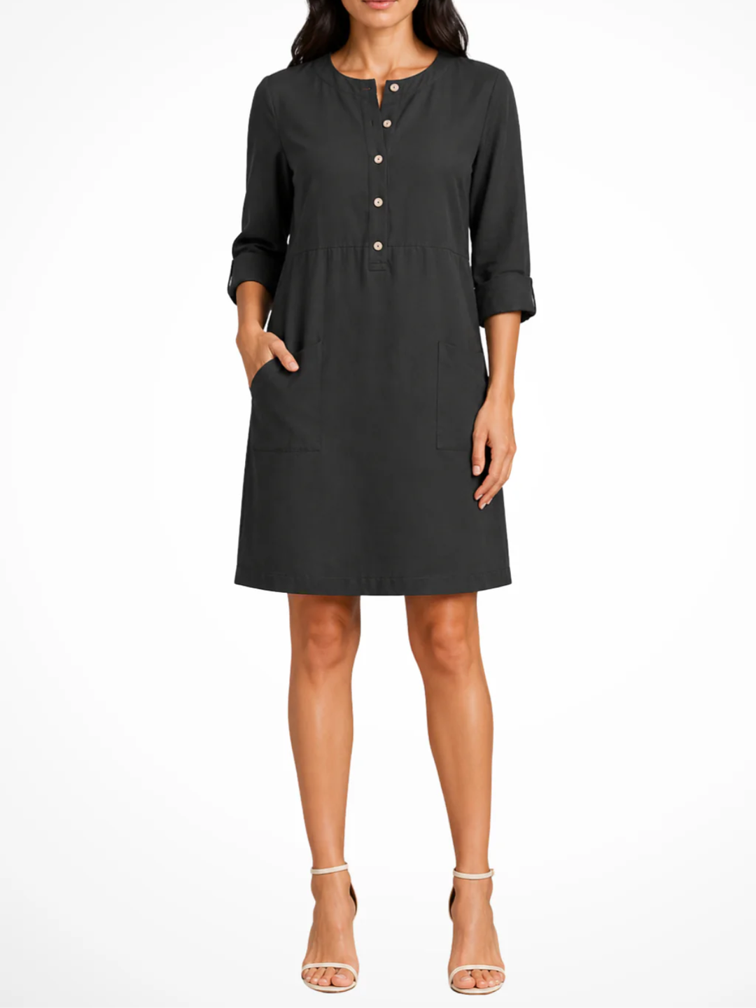 Women's Solid Relaxed Shirt Dress with Partial Button Henley Neckline Roll Tab Three Quarter Sleeves and Front Patch Pockets