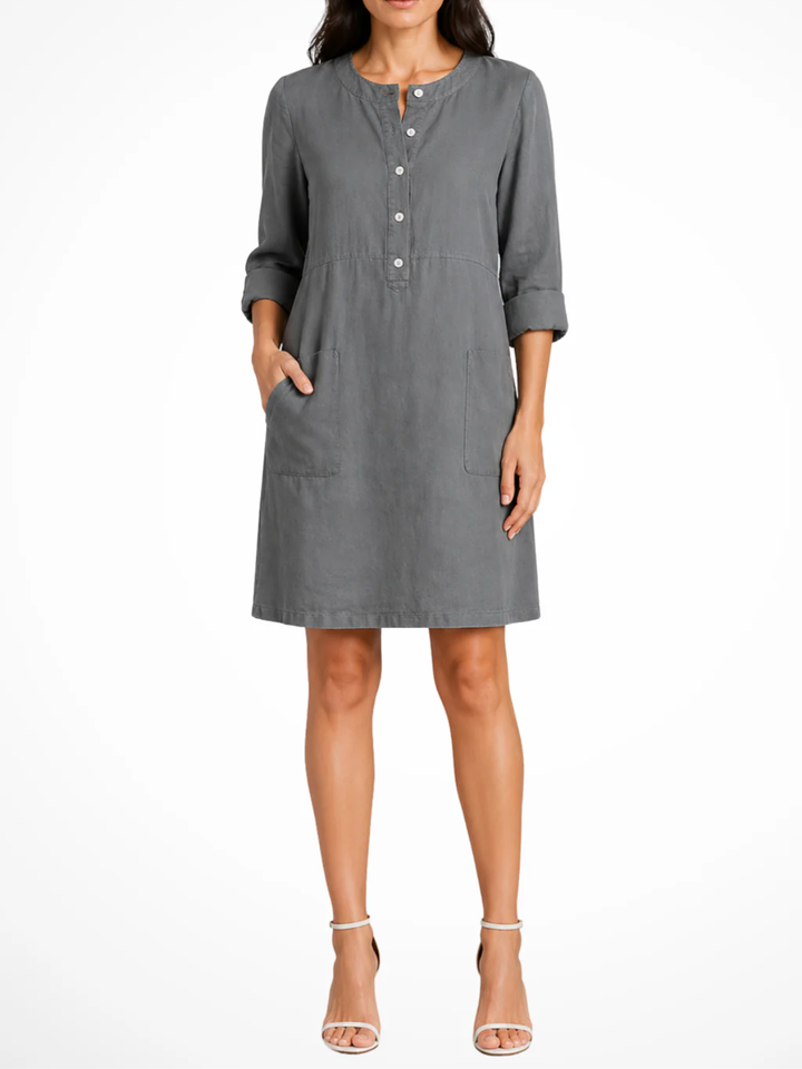 Women's Solid Relaxed Shirt Dress with Partial Button Henley Neckline Roll Tab Three Quarter Sleeves and Front Patch Pockets