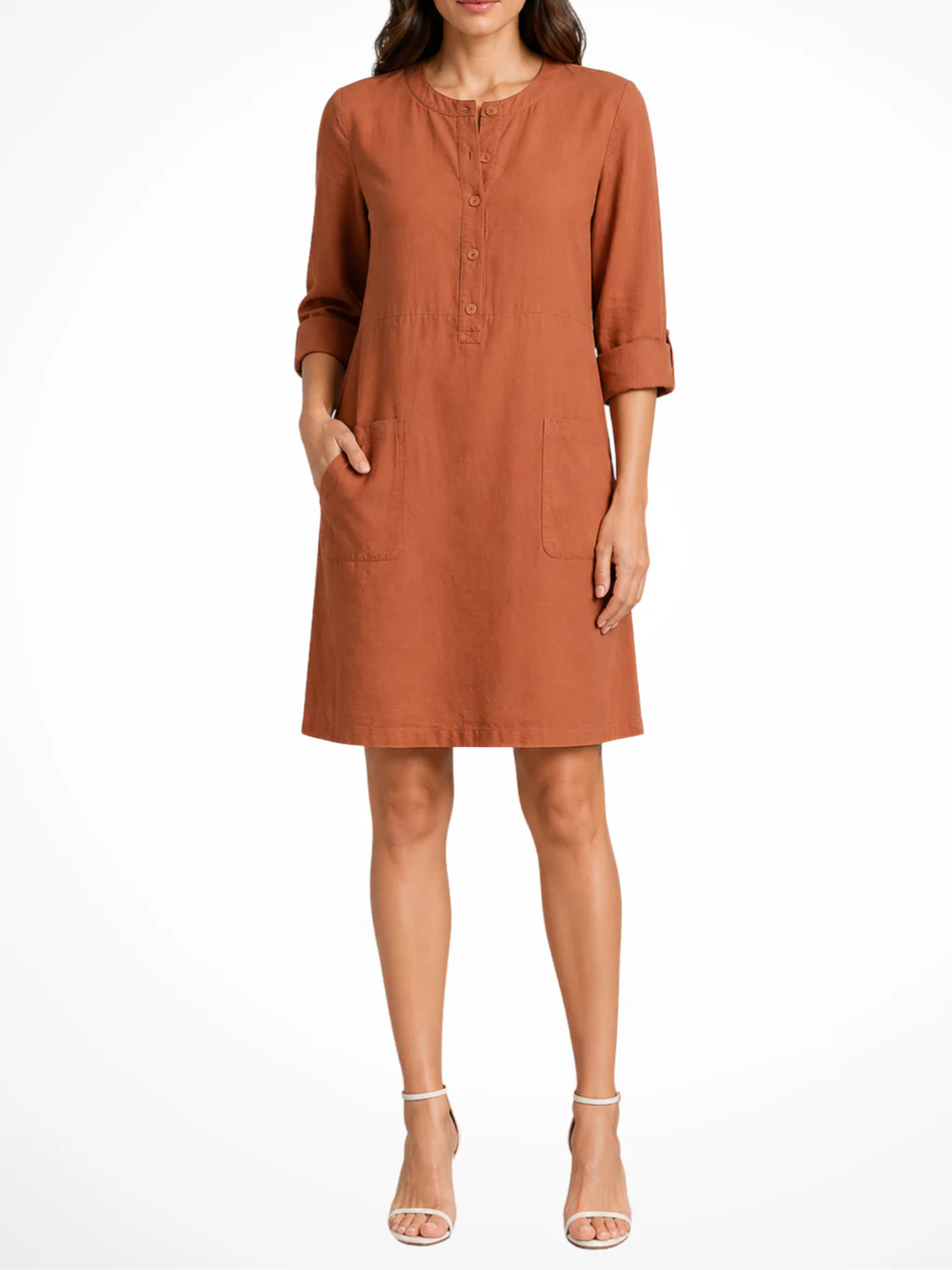 Women's Solid Relaxed Shirt Dress with Partial Button Henley Neckline Roll Tab Three Quarter Sleeves and Front Patch Pockets
