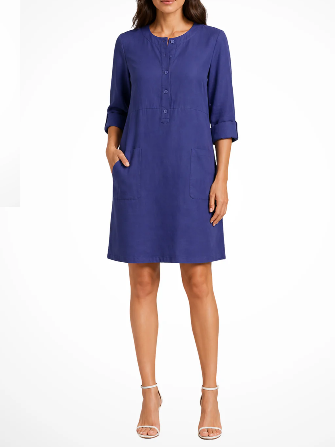 Women's Solid Relaxed Shirt Dress with Partial Button Henley Neckline Roll Tab Three Quarter Sleeves and Front Patch Pockets