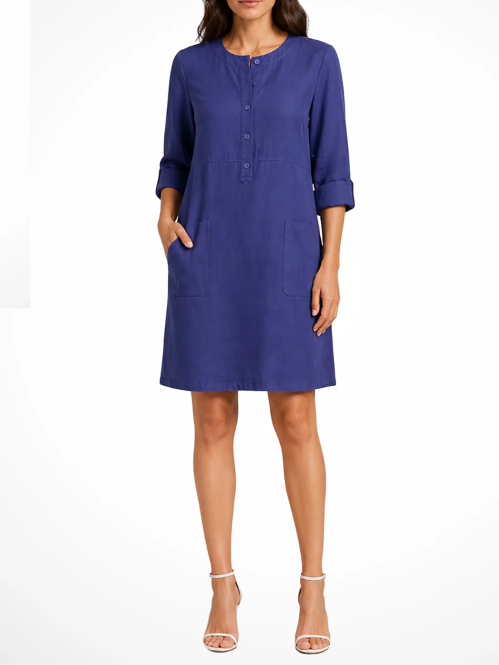 Women's Solid Relaxed Shirt Dress with Partial Button Henley Neckline Roll Tab Three Quarter Sleeves and Front Patch Pockets