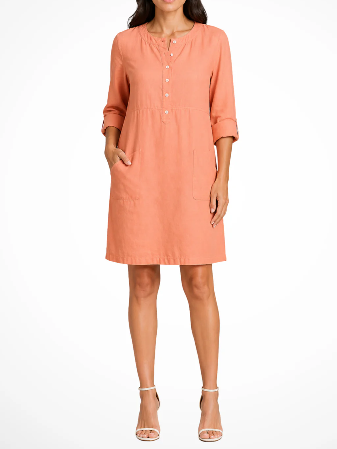 Women's Solid Relaxed Shirt Dress with Partial Button Henley Neckline Roll Tab Three Quarter Sleeves and Front Patch Pockets
