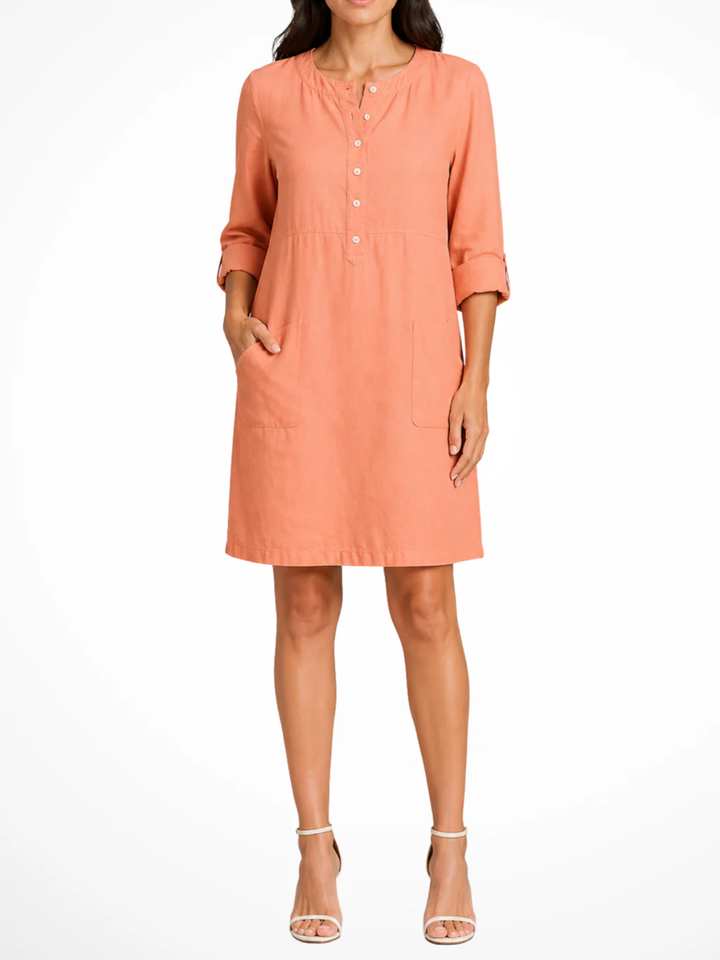 Women's Solid Relaxed Shirt Dress with Partial Button Henley Neckline Roll Tab Three Quarter Sleeves and Front Patch Pockets