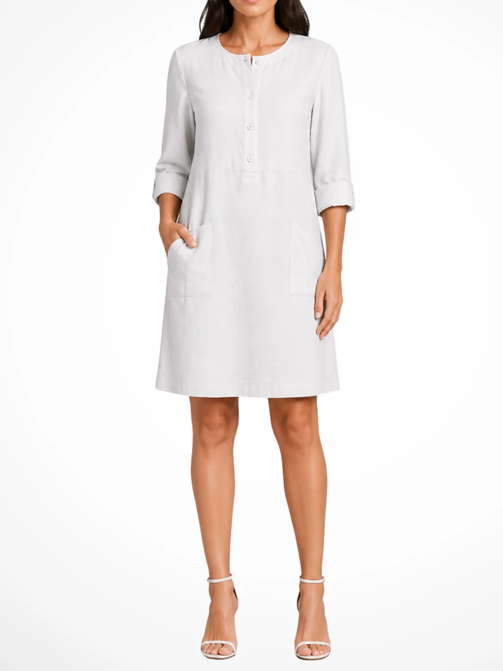 Women's Solid Relaxed Shirt Dress with Partial Button Henley Neckline Roll Tab Three Quarter Sleeves and Front Patch Pockets