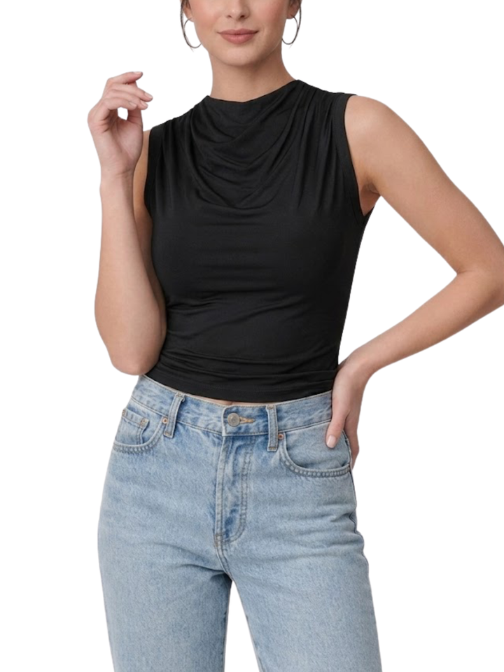 Women's Solid Sleeveless Mock Cowl Draped Neck Side Ruched Stretch Fitted Cropped Tank Top Sleeveless Blouse
