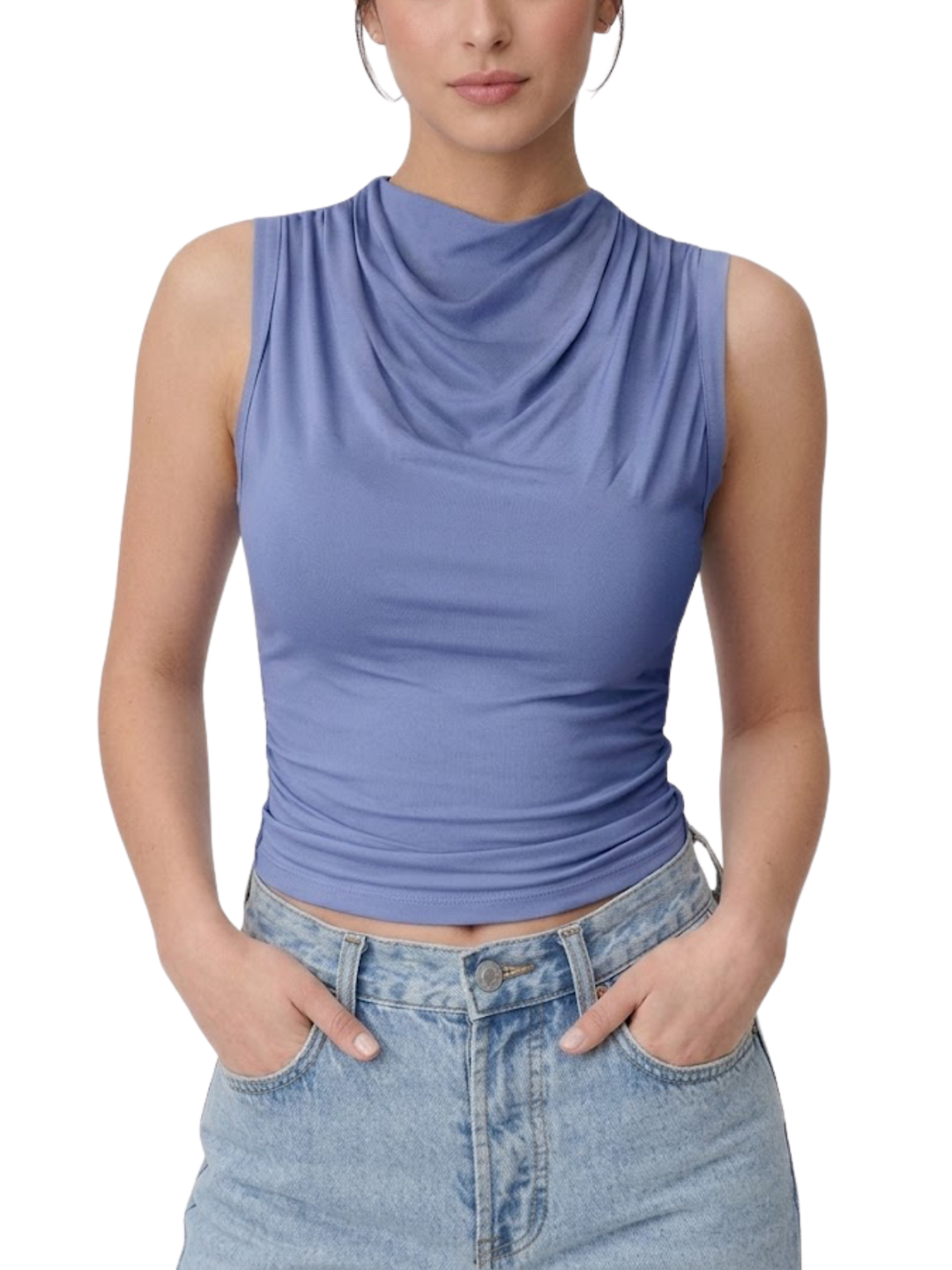 Women's Solid Sleeveless Mock Cowl Draped Neck Side Ruched Stretch Fitted Cropped Tank Top Sleeveless Blouse