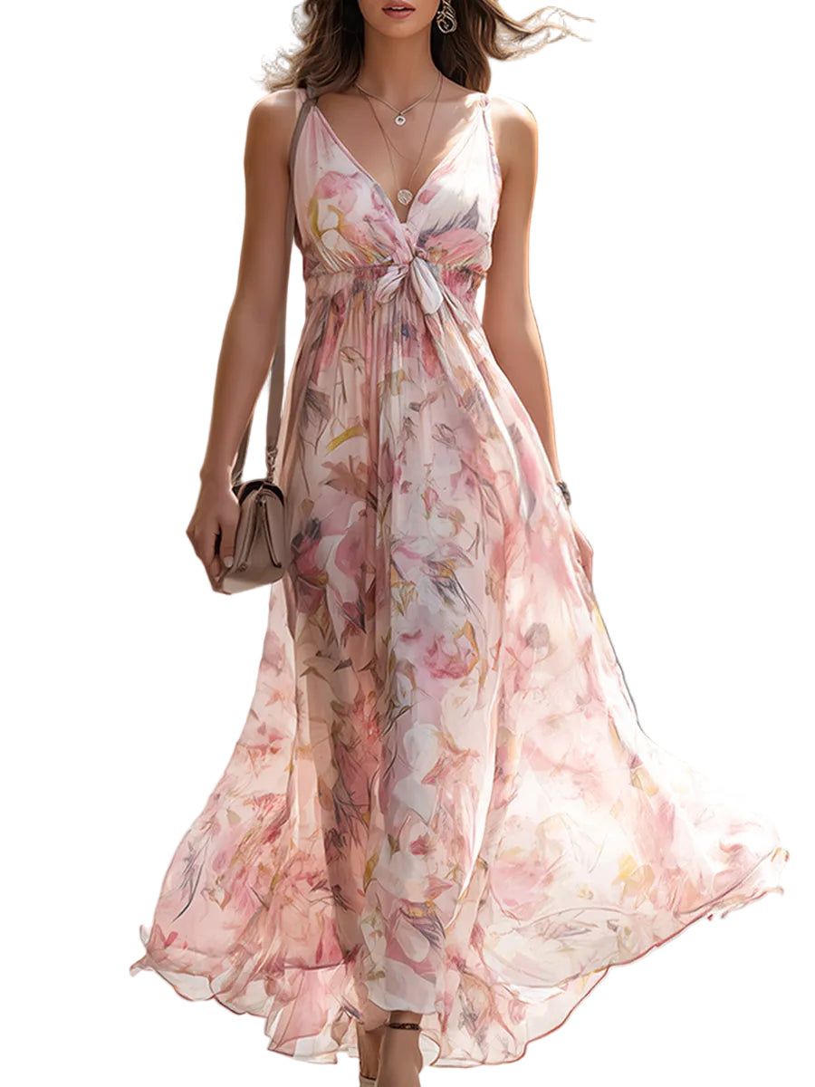 Women's Spaghetti Strap Deep V Neck Center Front Twist Knot Empire Waist Full Volume Watercolor Floral Print Sweep Maxi Dress