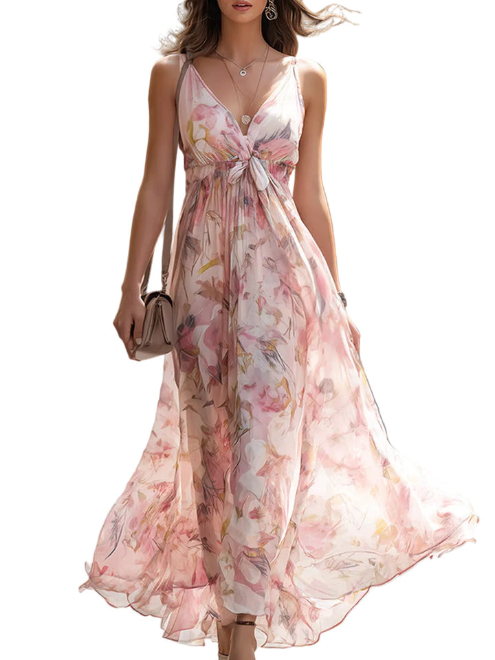 Women's Spaghetti Strap Deep V Neck Center Front Twist Knot Empire Waist Full Volume Watercolor Floral Print Sweep Maxi Dress