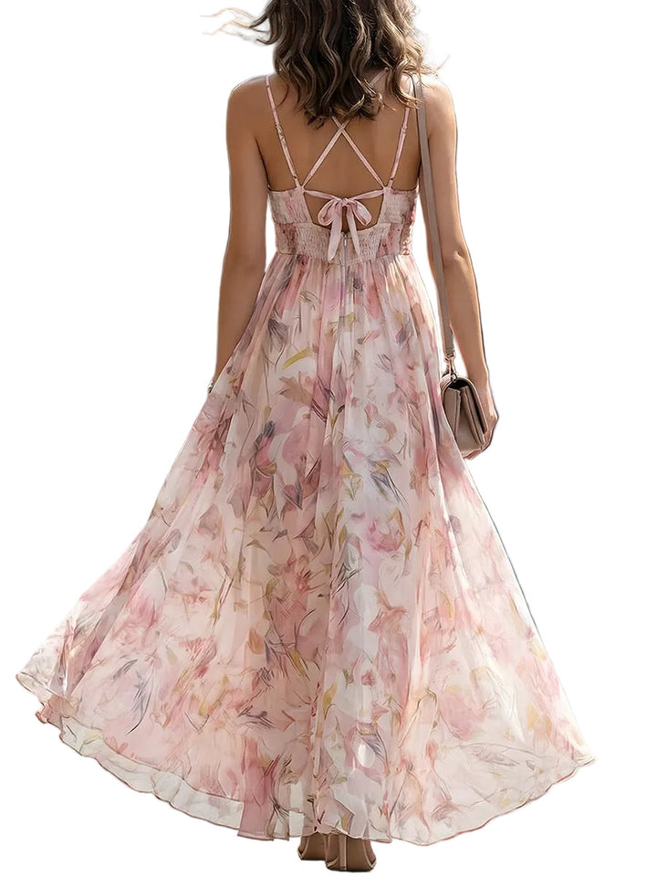 Women's Spaghetti Strap Deep V Neck Center Front Twist Knot Empire Waist Full Volume Watercolor Floral Print Sweep Maxi Dress