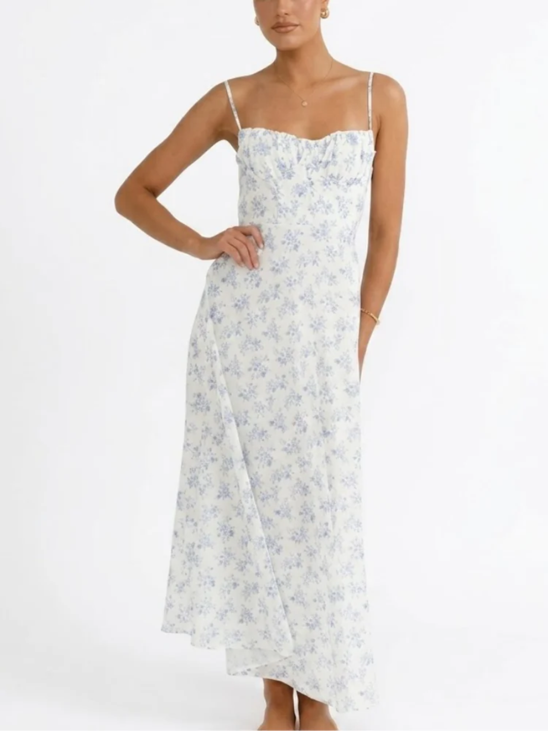 Women's Spaghetti Strap Gathered Sweetheart Bustier Neckline Fitted Bodice All Over Ditsy Floral Print Fluid A-Line Midi Dress