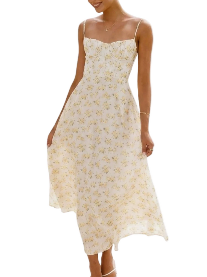 Women's Spaghetti Strap Gathered Sweetheart Bustier Neckline Fitted Bodice All Over Ditsy Floral Print Fluid A-Line Midi Dress