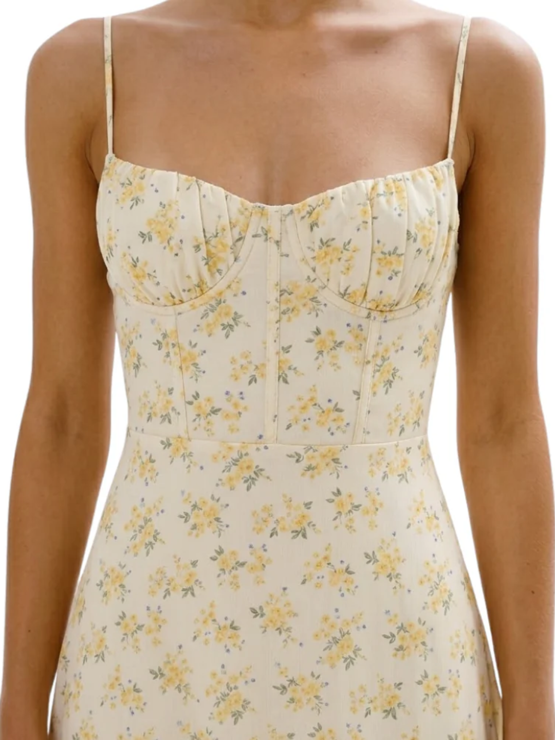 Women's Spaghetti Strap Gathered Sweetheart Bustier Neckline Fitted Bodice All Over Ditsy Floral Print Fluid A-Line Midi Dress