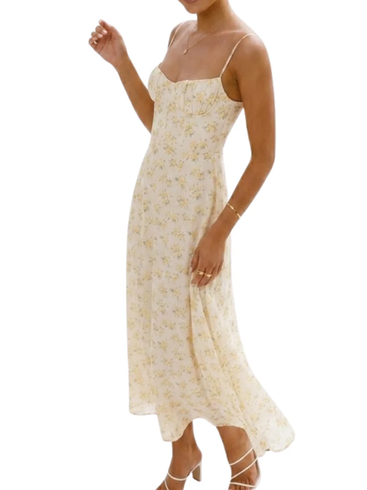 Women's Spaghetti Strap Gathered Sweetheart Bustier Neckline Fitted Bodice All Over Ditsy Floral Print Fluid A-Line Midi Dress