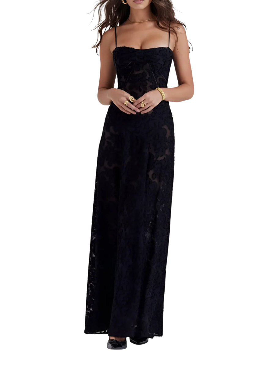 Women's Spaghetti Strap Scoop Neck Rhinestone Trim Diagonal Corset Panel Seam Tonal Raised Floral Texture Fitted A-Line Maxi Dress