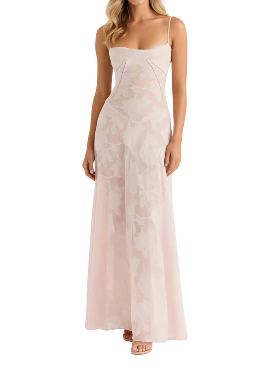 Women's Spaghetti Strap Scoop Neck Rhinestone Trim Diagonal Corset Panel Seam Tonal Raised Floral Texture Fitted A-Line Maxi Dress