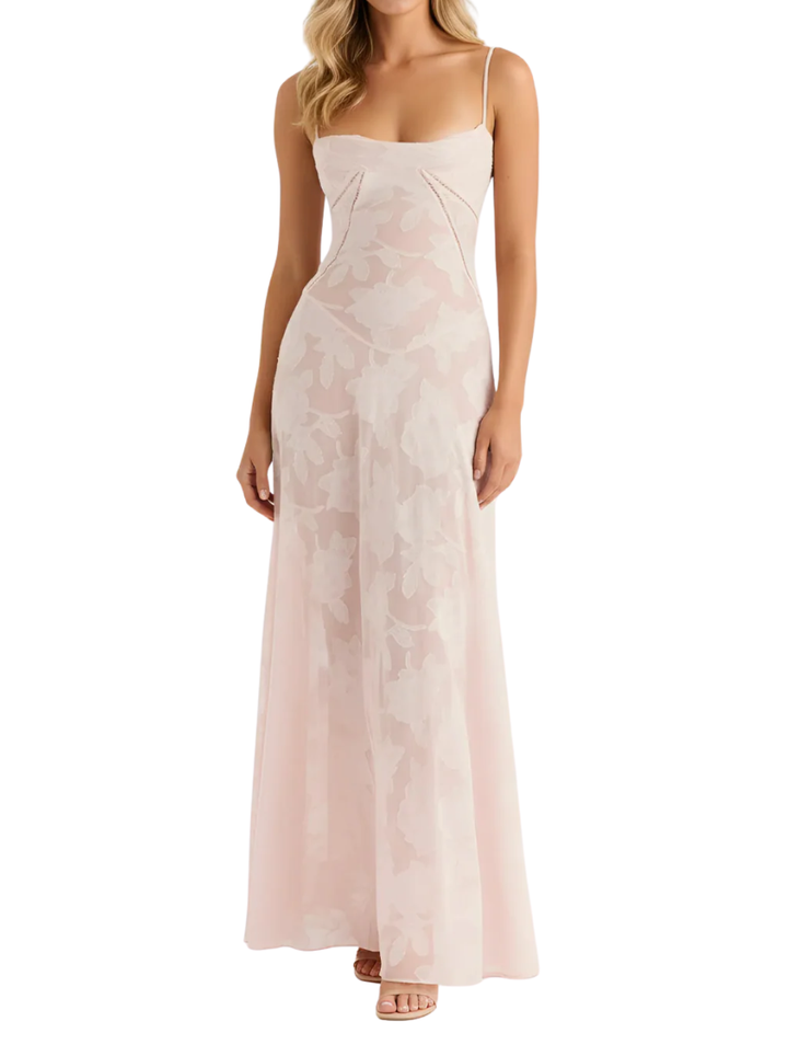 Women's Spaghetti Strap Scoop Neck Rhinestone Trim Diagonal Corset Panel Seam Tonal Raised Floral Texture Fitted A-Line Maxi Dress