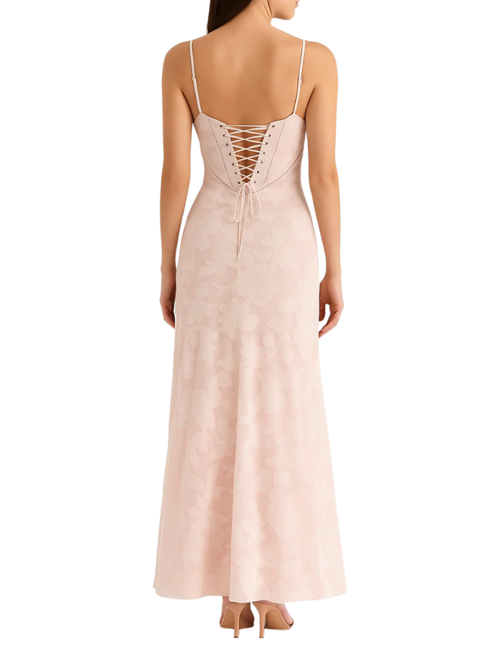 Women's Spaghetti Strap Scoop Neck Rhinestone Trim Diagonal Corset Panel Seam Tonal Raised Floral Texture Fitted A-Line Maxi Dress
