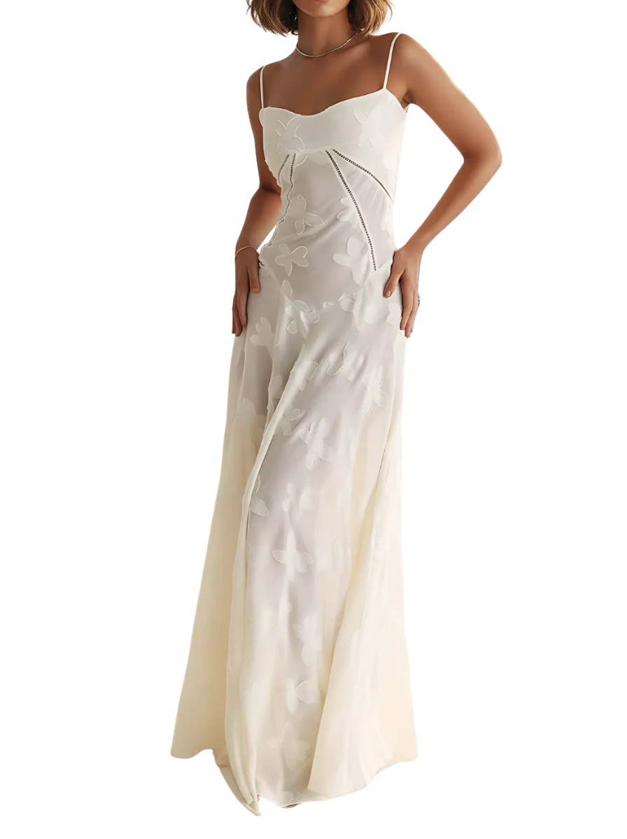 Women's Spaghetti Strap Scoop Neck Rhinestone Trim Diagonal Corset Panel Seam Tonal Raised Floral Texture Fitted A-Line Maxi Dress