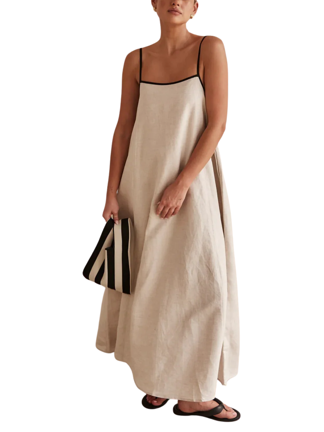 Women's Spaghetti Strap Square Neck Contrast Piped Trim Oversized Voluminous Tent Silhouette Unstructured Floor Length Maxi Dress