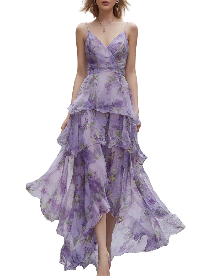 Women's Spaghetti Strap Wrap V Neck Fitted Bodice Peplum Waist Multi Tier Graduated Watercolor Floral Print Asymmetric Hem Maxi Dress
