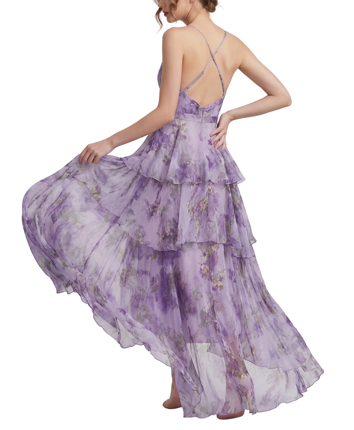 Women's Spaghetti Strap Wrap V Neck Fitted Bodice Peplum Waist Multi Tier Graduated Watercolor Floral Print Asymmetric Hem Maxi Dress