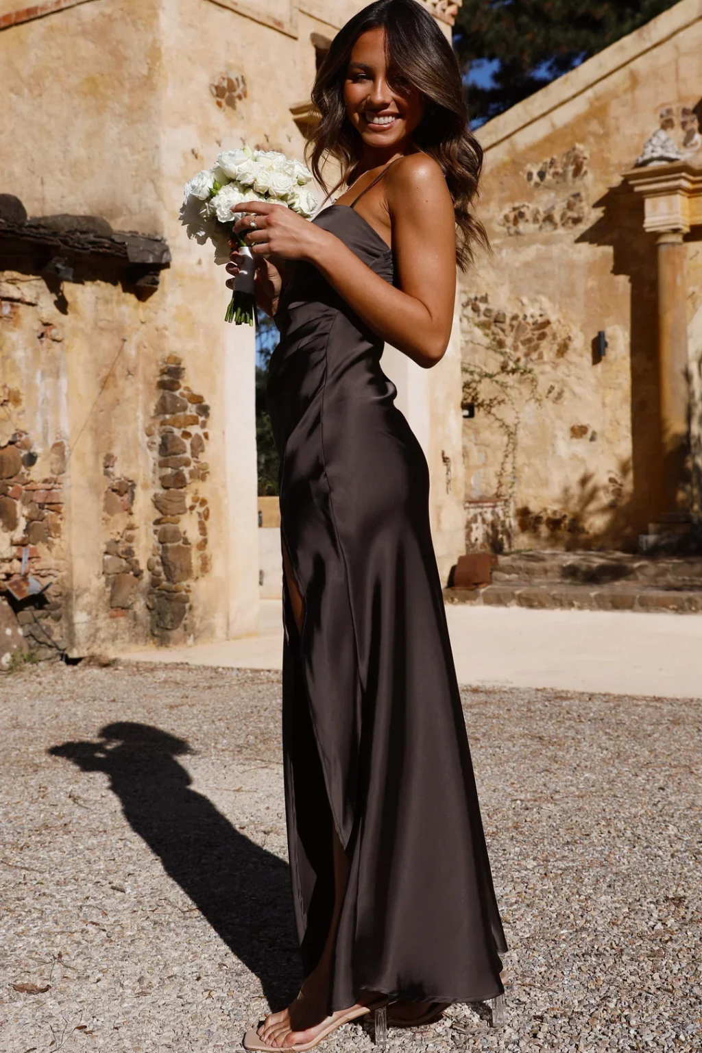 Women's Square Neck Double Spaghetti Strap Gathered Hip Drape Side Split Floor Length Maxi Dress