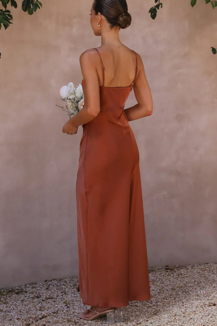 Women's Square Neck Double Spaghetti Strap Gathered Hip Drape Side Split Floor Length Maxi Dress
