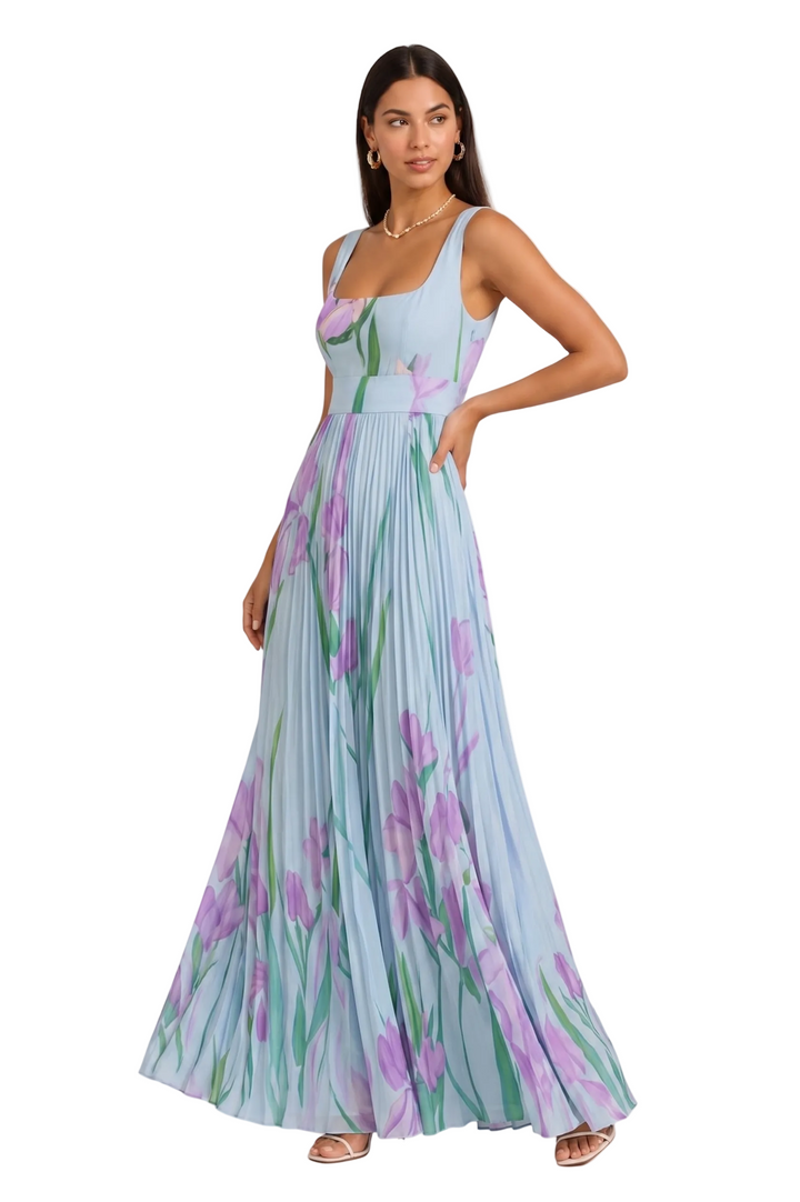 Women's Square Neck Wide Strap Fitted Bodice Knife Pleated Floral Print Full Length Maxi Dress with Structured Waistband