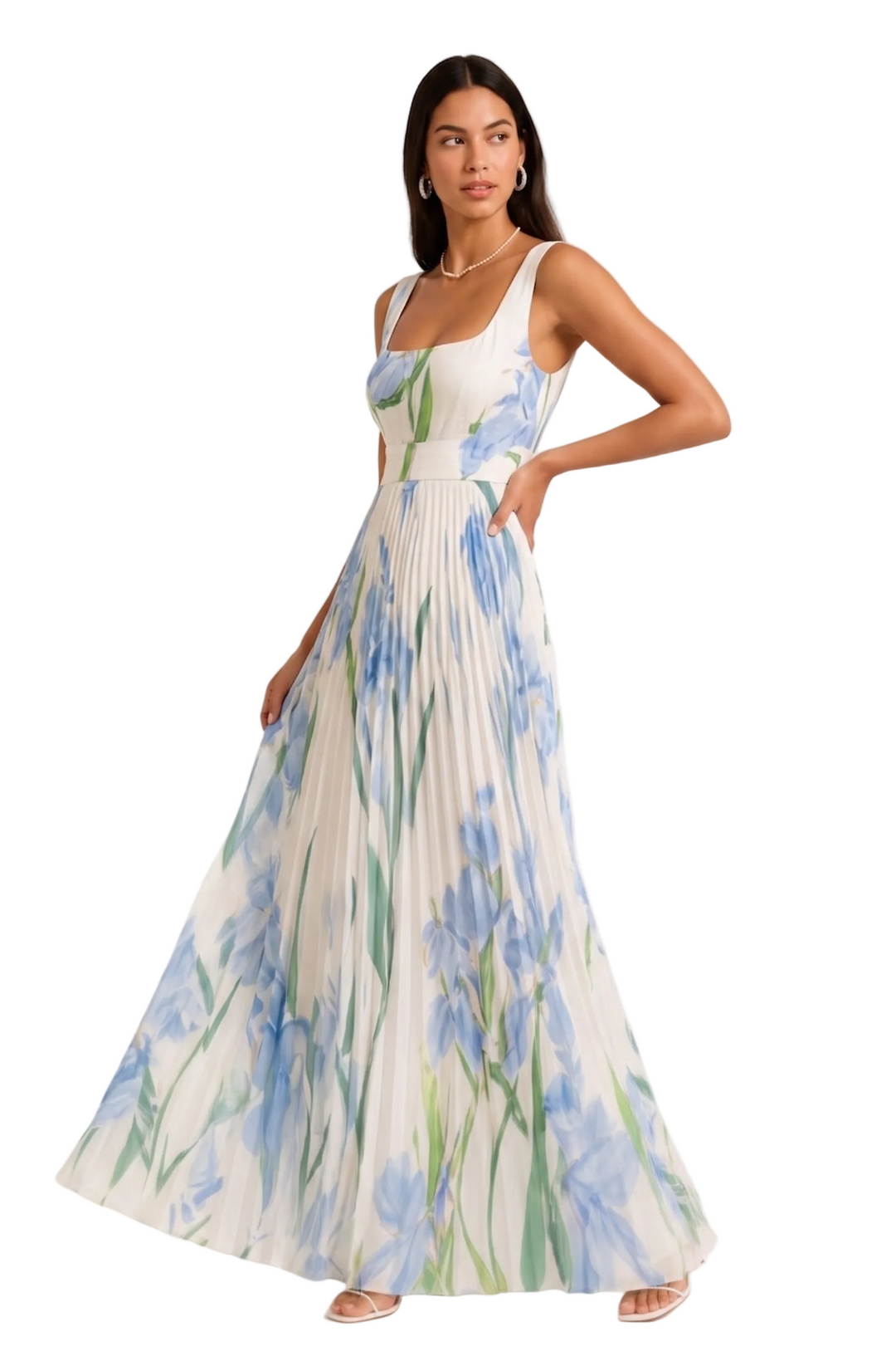 Women's Square Neck Wide Strap Fitted Bodice Knife Pleated Floral Print Full Length Maxi Dress with Structured Waistband