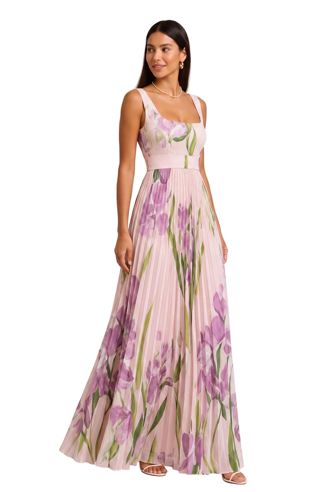 Women's Square Neck Wide Strap Fitted Bodice Knife Pleated Floral Print Full Length Maxi Dress with Structured Waistband