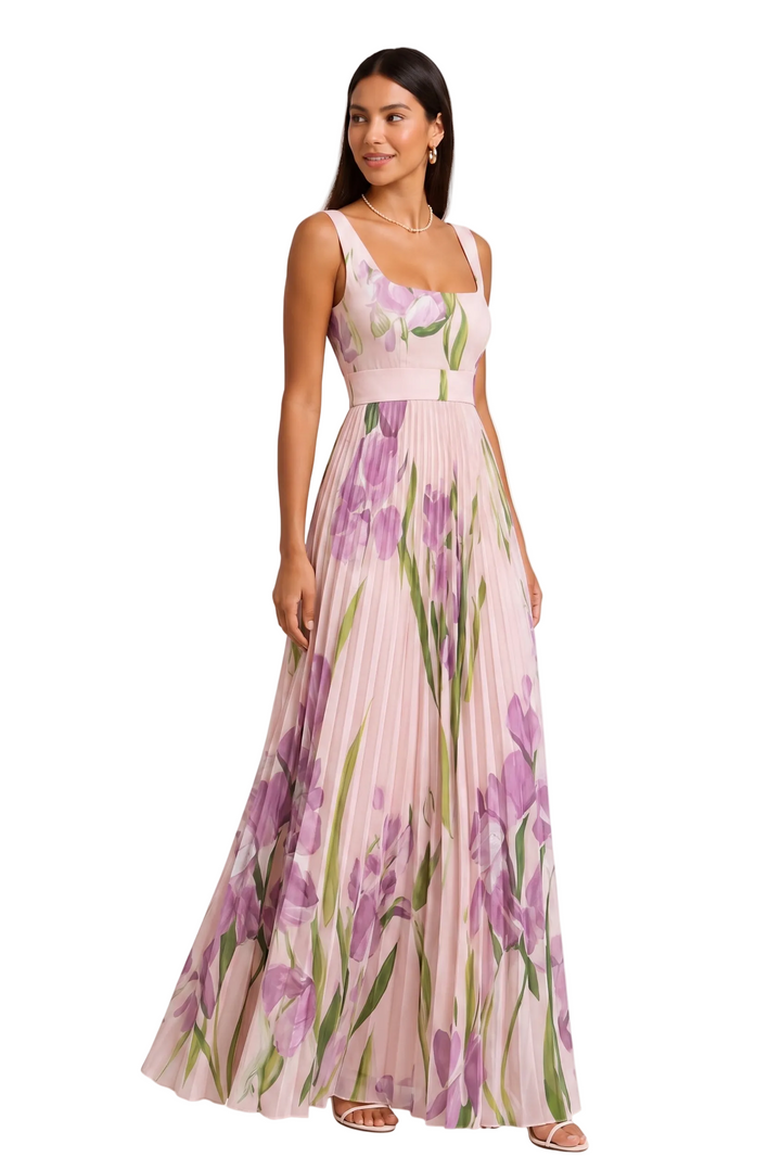 Women's Square Neck Wide Strap Fitted Bodice Knife Pleated Floral Print Full Length Maxi Dress with Structured Waistband