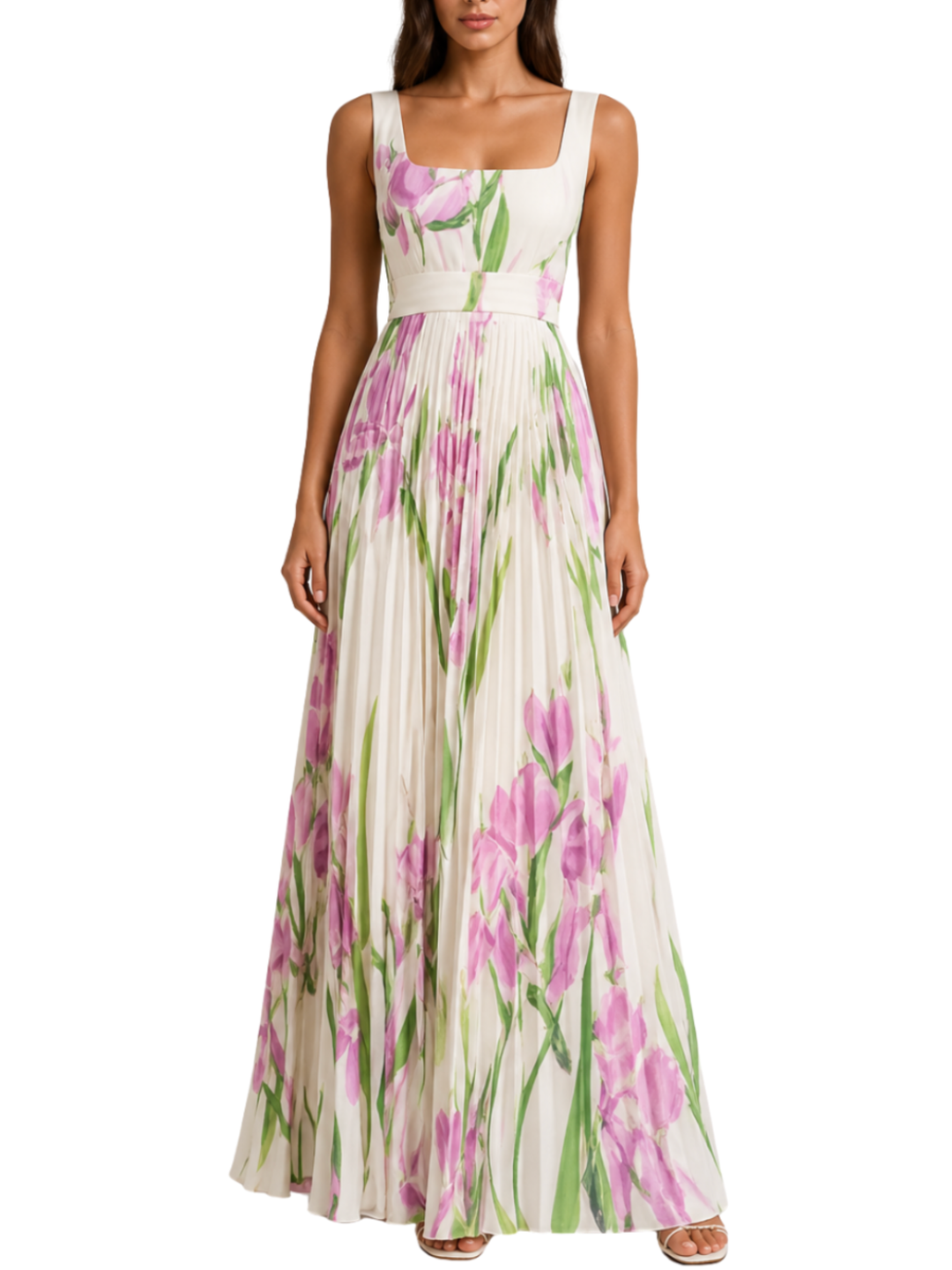 Women's Square Neck Wide Strap Fitted Bodice Knife Pleated Floral Print Full Length Maxi Dress with Structured Waistband