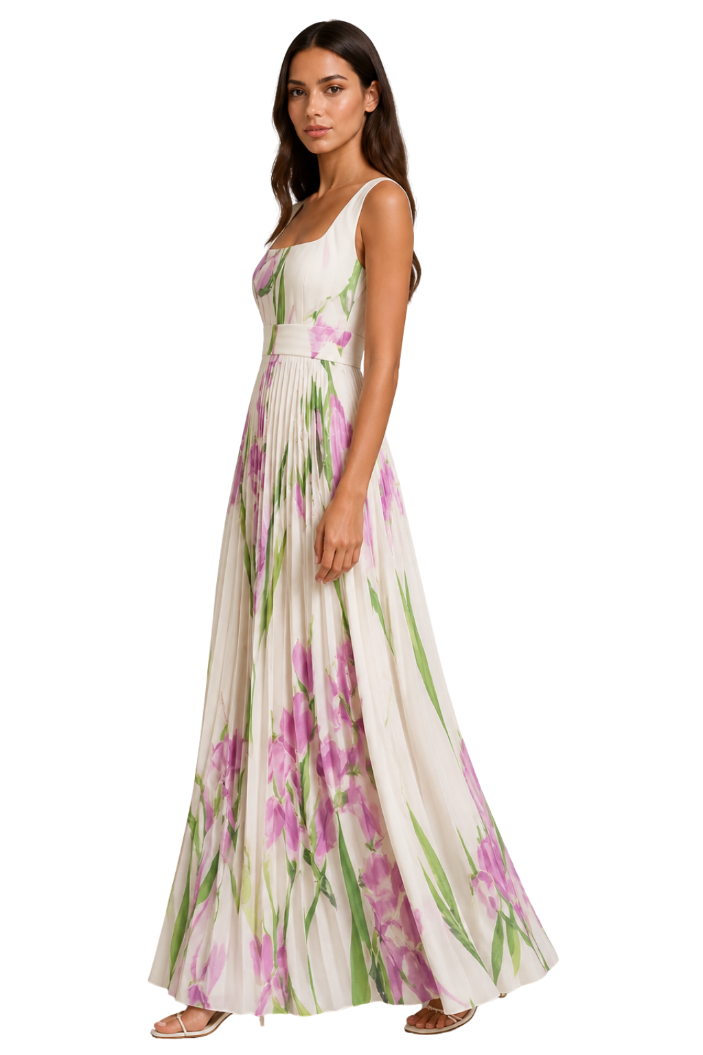 Women's Square Neck Wide Strap Fitted Bodice Knife Pleated Floral Print Full Length Maxi Dress with Structured Waistband
