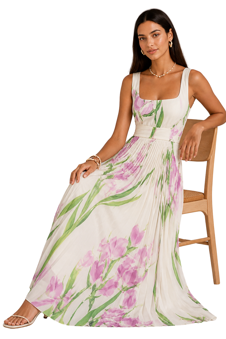 Women's Square Neck Wide Strap Fitted Bodice Knife Pleated Floral Print Full Length Maxi Dress with Structured Waistband