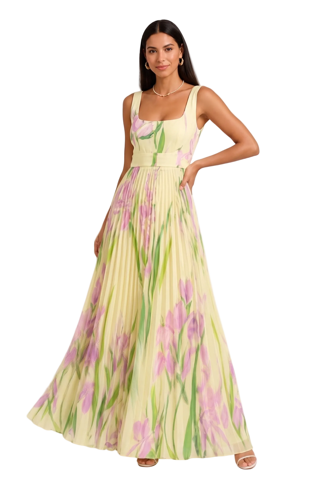Women's Square Neck Wide Strap Fitted Bodice Knife Pleated Floral Print Full Length Maxi Dress with Structured Waistband