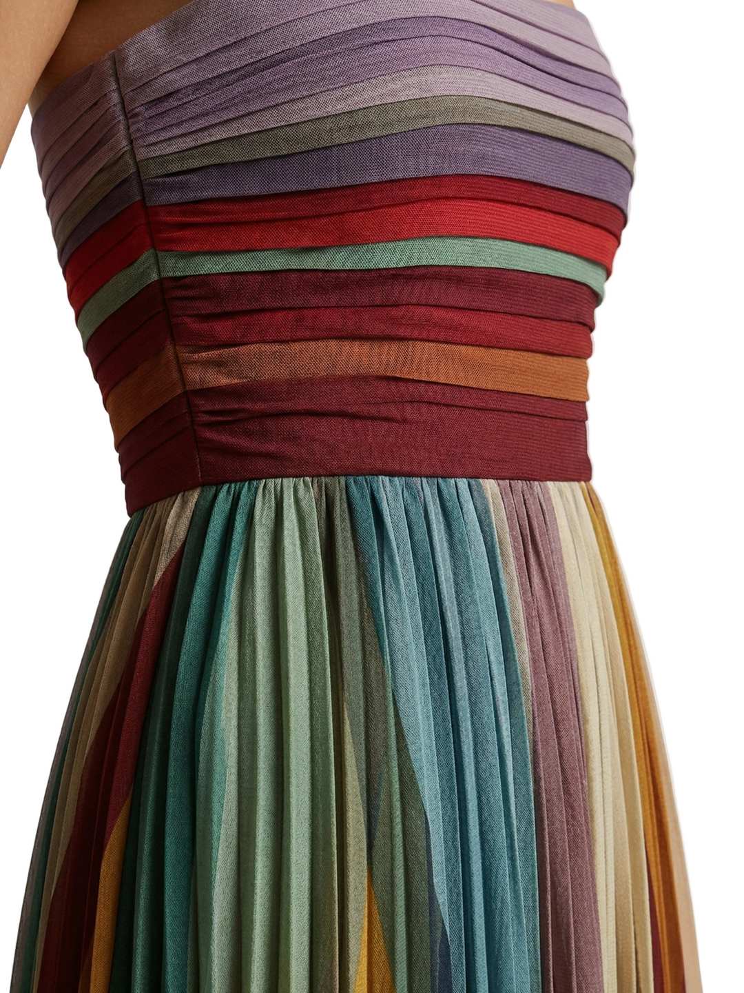 Women's Strapless Multicolour Striped Pleated Maxi Dress