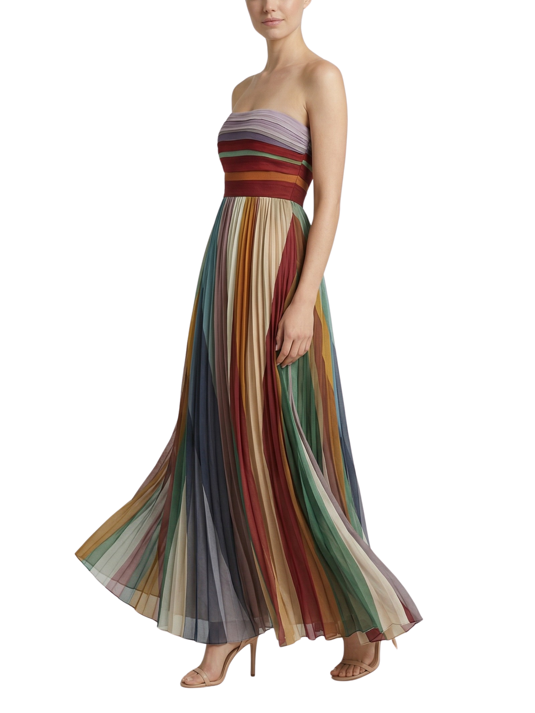 Women's Strapless Multicolour Striped Pleated Maxi Dress