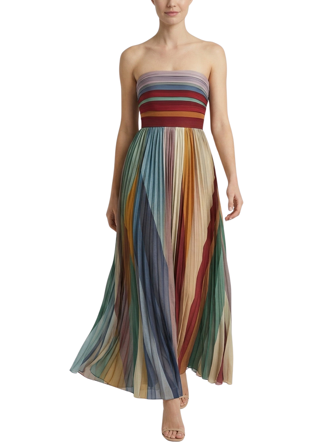 Women's Strapless Multicolour Striped Pleated Maxi Dress