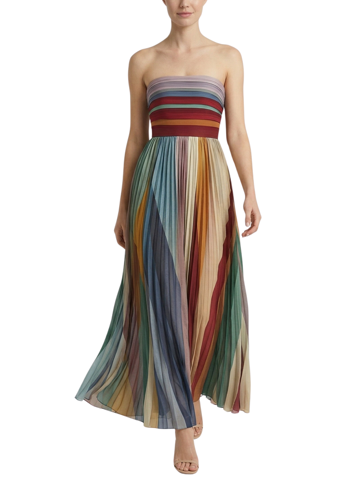 Women's Strapless Multicolour Striped Pleated Maxi Dress