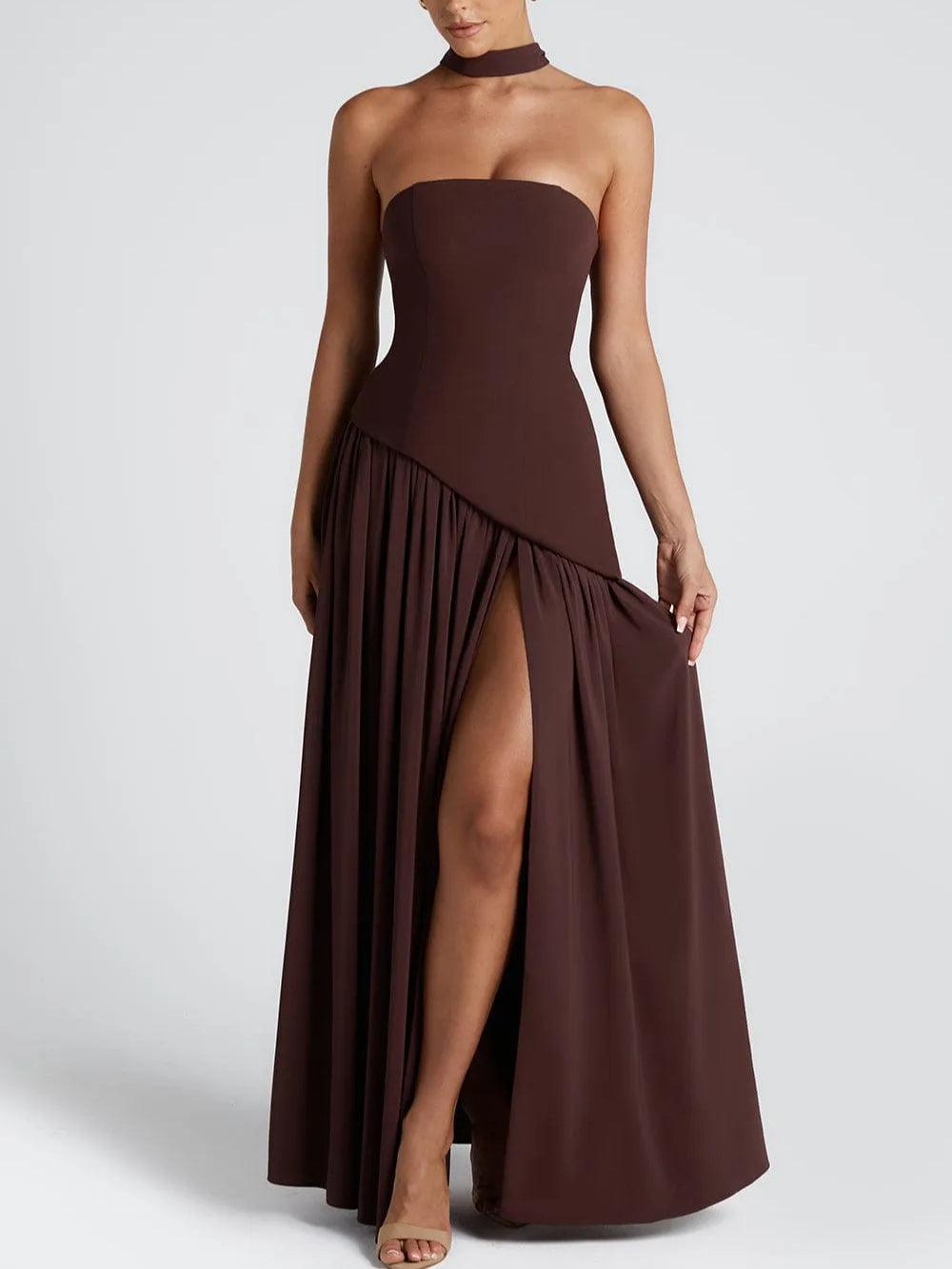 Women's Strapless Princess Seam Fitted Bodice Detachable Neck Scarf Gathered Skirt Thigh Split Lace Up Back Solid Maxi Dress