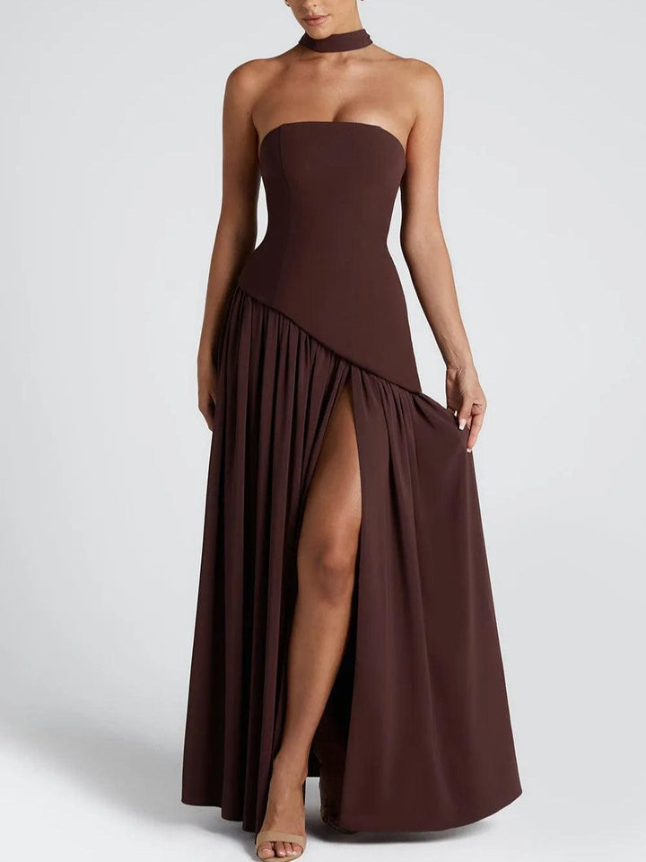 Women's Strapless Princess Seam Fitted Bodice Detachable Neck Scarf Gathered Skirt Thigh Split Lace Up Back Solid Maxi Dress