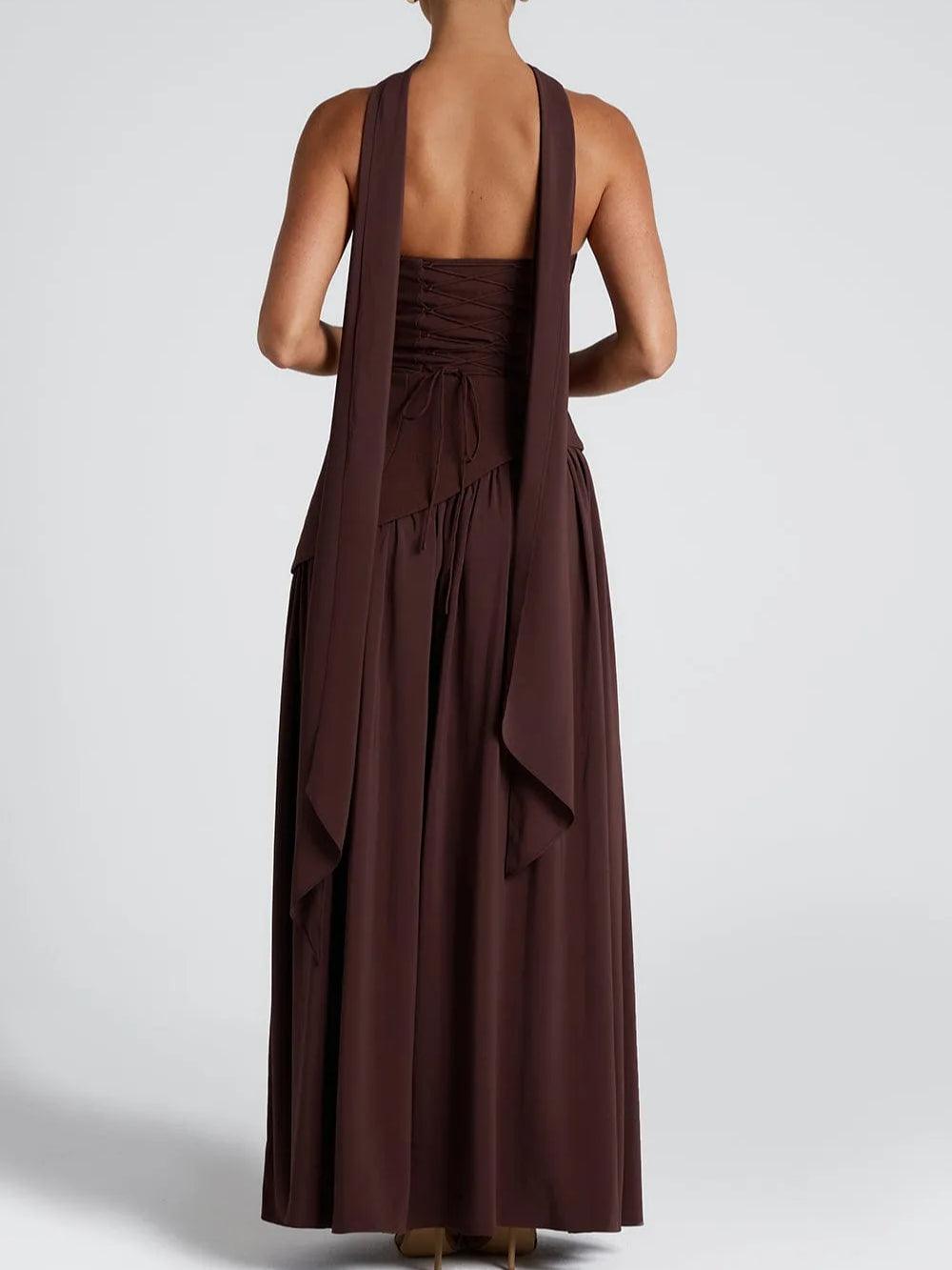 Women's Strapless Princess Seam Fitted Bodice Detachable Neck Scarf Gathered Skirt Thigh Split Lace Up Back Solid Maxi Dress