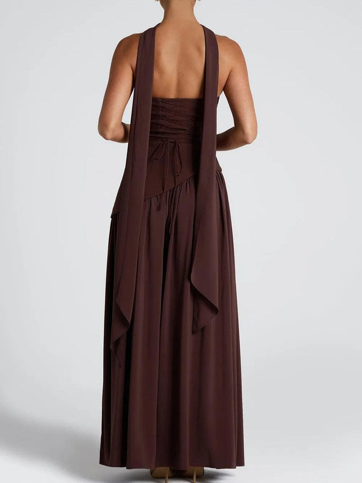Women's Strapless Princess Seam Fitted Bodice Detachable Neck Scarf Gathered Skirt Thigh Split Lace Up Back Solid Maxi Dress