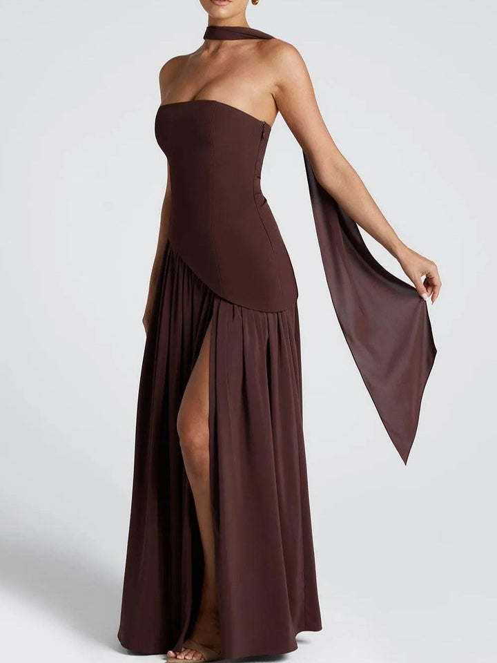 Women's Strapless Princess Seam Fitted Bodice Detachable Neck Scarf Gathered Skirt Thigh Split Lace Up Back Solid Maxi Dress