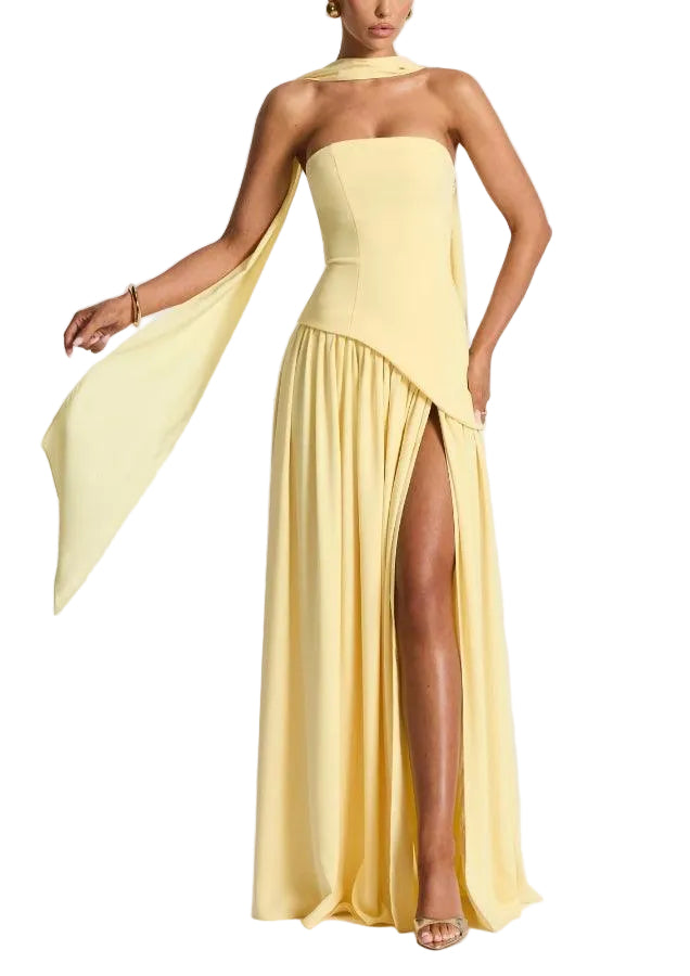 Women's Strapless Princess Seam Fitted Bodice Detachable Neck Scarf Gathered Skirt Thigh Split Lace Up Back Solid Maxi Dress