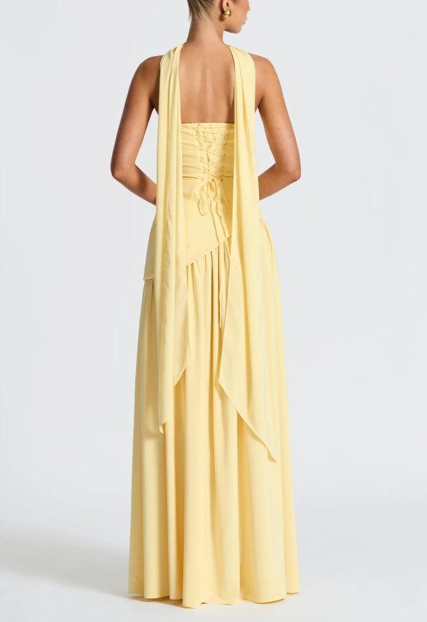 Women's Strapless Princess Seam Fitted Bodice Detachable Neck Scarf Gathered Skirt Thigh Split Lace Up Back Solid Maxi Dress