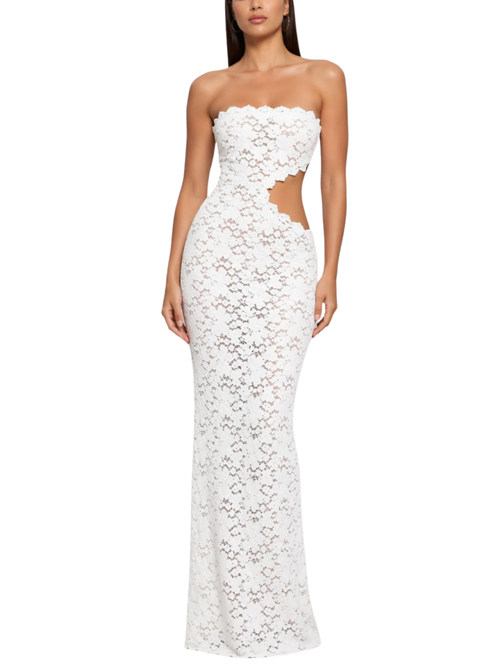 Women's Strapless Scalloped Bandeau Neck All Over Floral Openwork Semi Sheer Side Cutout Bodycon Maxi Dress