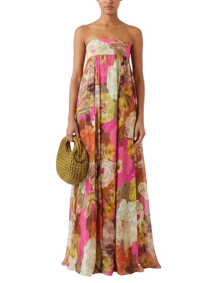 Women's Strapless Straight Bandeau Empire Waist Gathered Full Volume Large Scale Bold Floral Print Voluminous Sweeping Maxi Dress