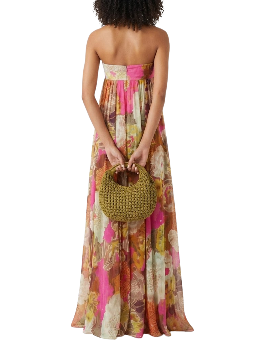 Women's Strapless Straight Bandeau Empire Waist Gathered Full Volume Large Scale Bold Floral Print Voluminous Sweeping Maxi Dress