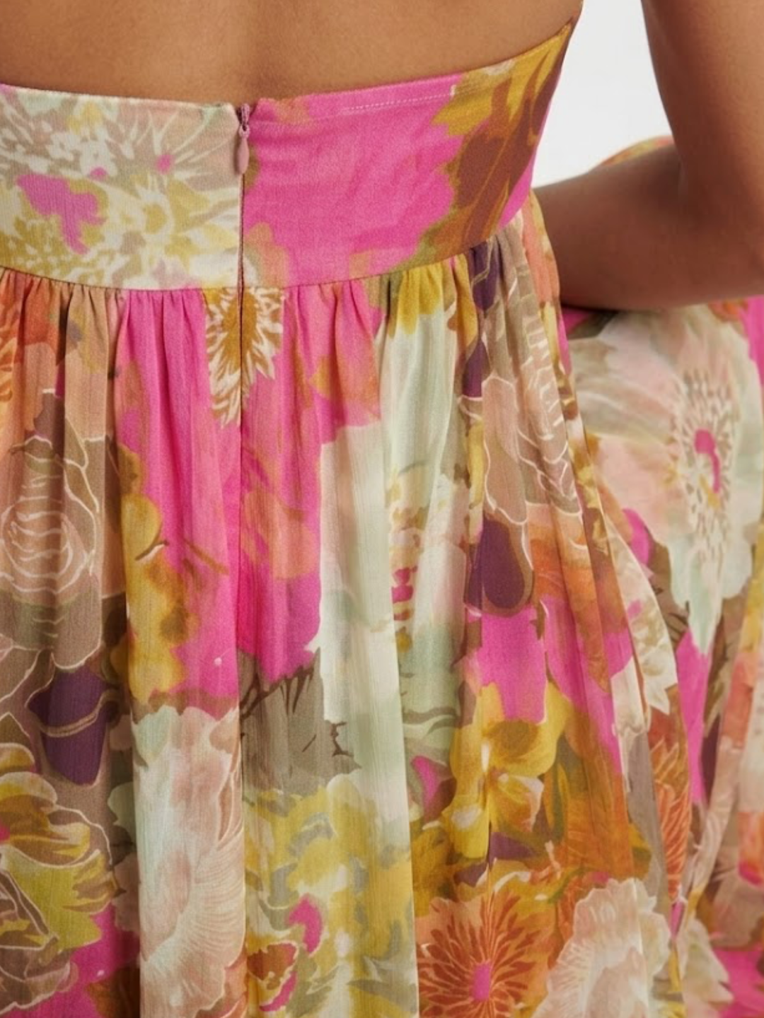 Women's Strapless Straight Bandeau Empire Waist Gathered Full Volume Large Scale Bold Floral Print Voluminous Sweeping Maxi Dress